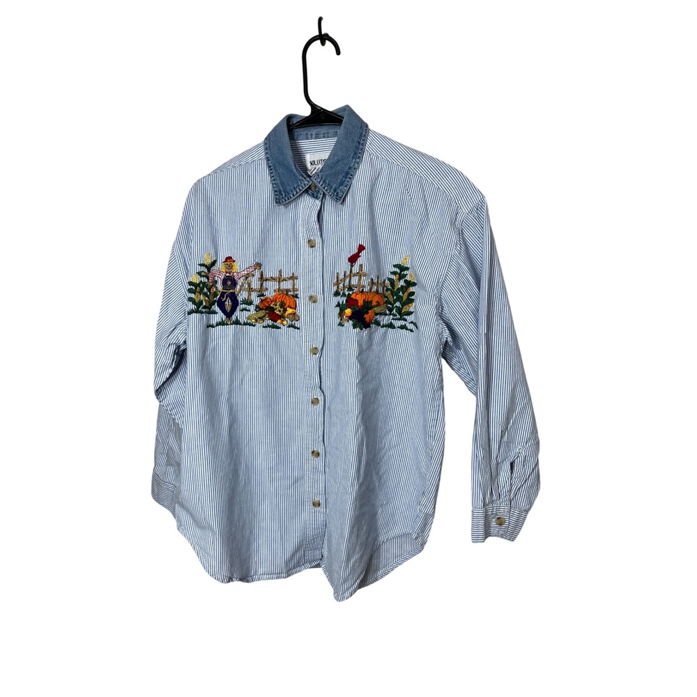Vintage Solutions Original Striped Embroidered Fall‎ Denim Collar Shirt L